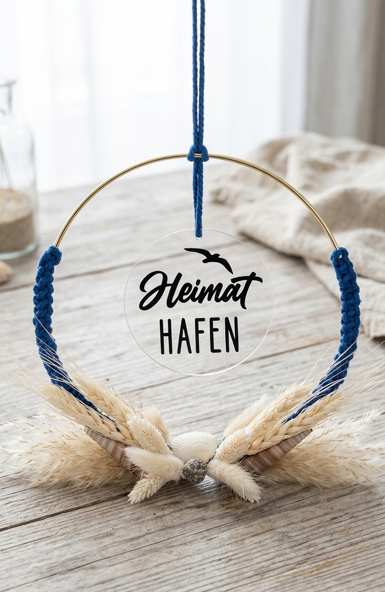 Makramee-Dekoring „Heimat Hafen“ | Maritimer Wandkranz mit Trockenblumen & Acrylschild